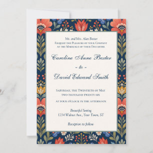 Invitation Belles Fleurs Sauvages Scandinaves sur Fond Bleu M