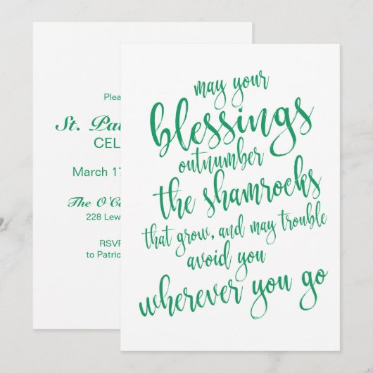 Invitation Bénédiction irlandaise Fête de la Saint-Patrick (Devant / Derrière)
