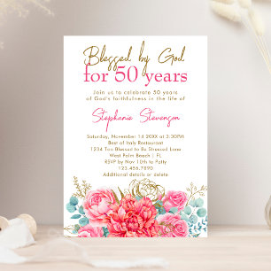 Invitation Béni par Dieu Pink Floral Christian 50e anniversai