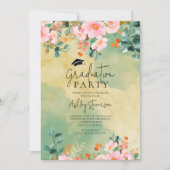 Invitation Beown rose aquarelle fleurie graduation botanique (Devant)