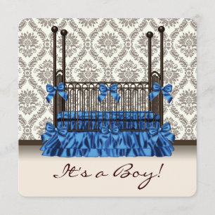 Invitation Berceau bébé bleu marron damasqué Baby Boy Shower