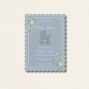 Invitation Berceau Bébé Bleu Poussiéreux Baptême à Fleurs Cra