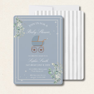Invitation Berceau Bébé Rayures Bleues Baby Shower Eucalyptus