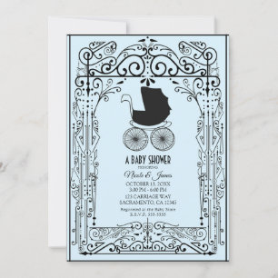 Invitation Berceau Bleu & Noir Vintage Deco Baby Shower  