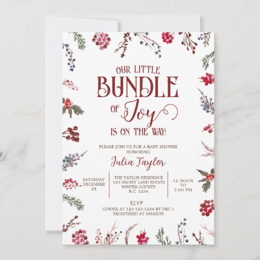 Invitation Berries d'hiver et Baby shower Holly, Petit Bund (Devant)