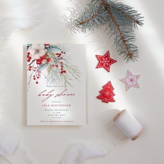 Invitation Berries d'hiver et Baby shower rouge et vert