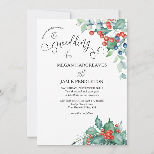 Invitation Berries d'hiver et Mariage d'aquarelle Holly (Devant)