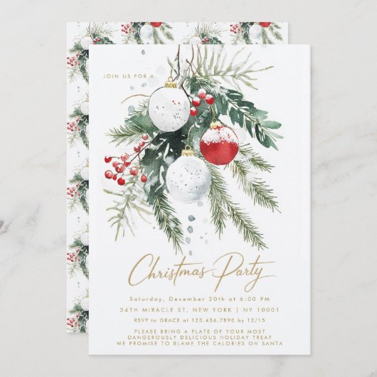 Invitation Berries d'hiver Rouge Blanc Ornements Noël (Devant / Derrière)