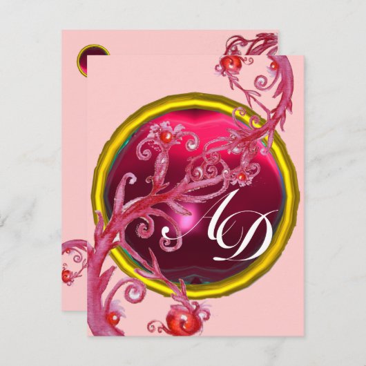 INVITATION BERRIES EN MAGIE ROSE ROUGE, MONOGRAMME EN PIERRE (Devant / Derrière)