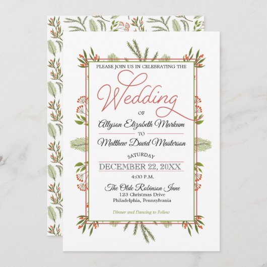Invitation Berries et Pine d'hiver Verdure Mariage de vacance (Devant / Derrière)