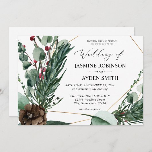 Invitation Berries et pins d'hiver Mariage de verdure 2 (Devant / Derrière)