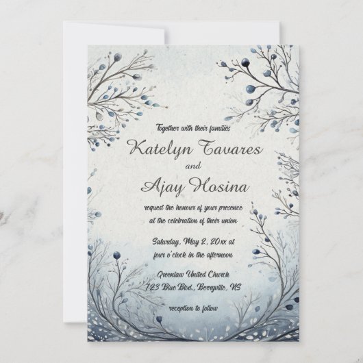 Invitation Berries modifiables sur Mariage bleu (Devant)