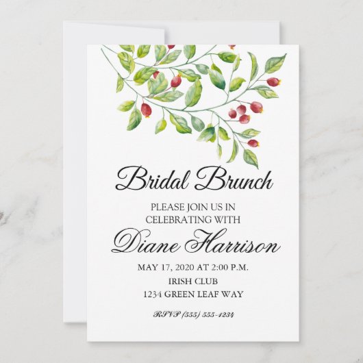 Invitation Berries roses et Wedding shower de feuillage vert (Devant)