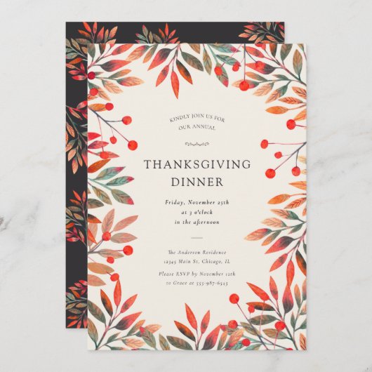 Invitation Berries rouges et feuilles d'automne Dîner d'actio (Devant / Derrière)