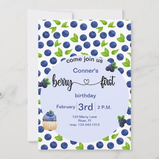 Invitation Berry 1er anniversaire de bleuets (Devant)