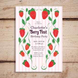 Invitation Berry 1er Anniversaire Fille Mignonne Art Nouveau