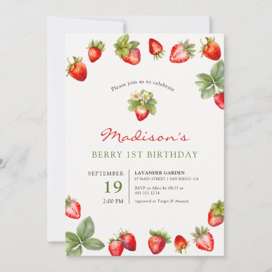 Invitation Berry 1er Anniversaire fraise (Devant)