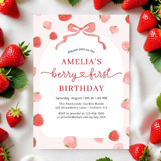 Invitation Berry 1st First Bow Strawberry Girl'anniversaire
