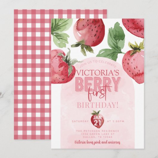Invitation Berry aux fraises roses 1er anniversaire (Devant / Derrière)