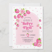Invitation Berry aux fraises roses Premier 1er anniversaire (Devant)