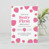 Invitation Berry aux fraises roses Premier 1er anniversaire d (Debout devant)