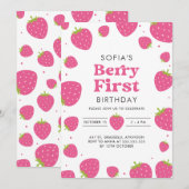 Invitation Berry aux fraises roses Premier 1er anniversaire d (Devant / Derrière)