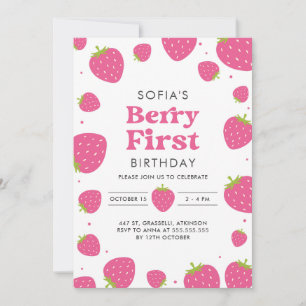 Invitation Berry aux fraises roses Premier 1er anniversaire d