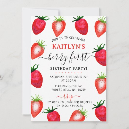 Invitation Berry aux fraises sucrées Premier 1er anniversaire (Devant)