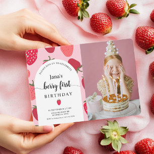 Invitation Berry avec photo   Anniversaire des fraises roses 