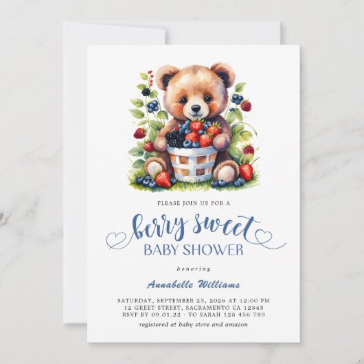 Invitation Berry Baby shower doux Berries sauvages et ours en (Devant)