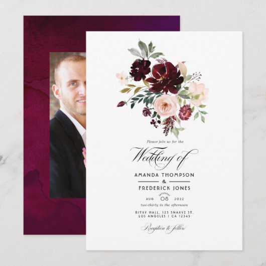 Invitation Berry Bourgogne & Blush Floral Mariage Photo (Devant / Derrière)
