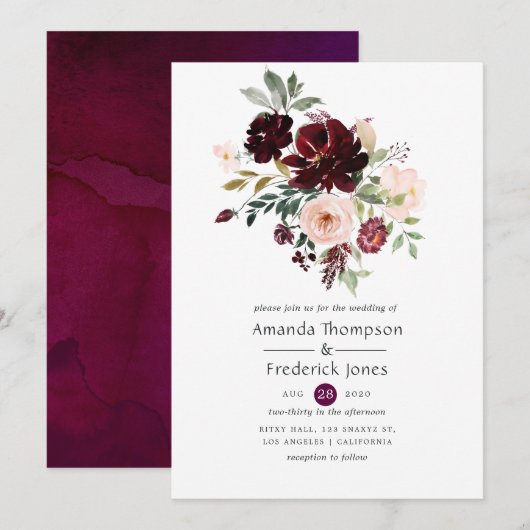 Invitation Berry Bourgogne et Mariage floral (Devant / Derrière)