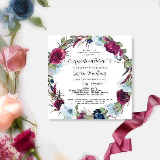 Invitation Berry, Bourgogne, Rouge, Courbe Bleue Quinceañera