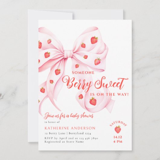 Invitation Berry Bow rose Baby shower doux (Devant)
