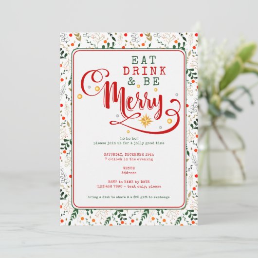 Invitation Berry Branch Eat Drink Be Merry Christmas Potluck (Debout devant)