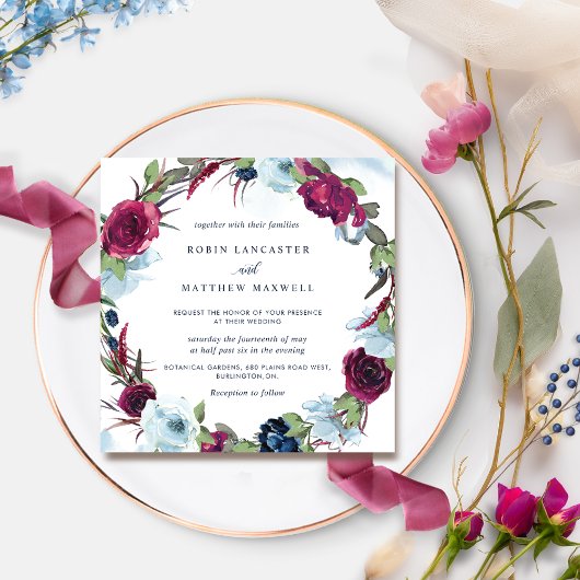 Invitation Berry Burgundy et Blue Floral Mariage Wreath