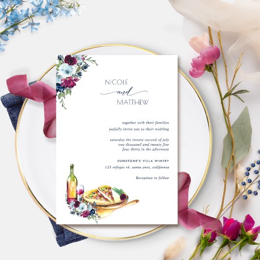 Invitation Berry Burgundy et Blue Floral Pizza Mariage