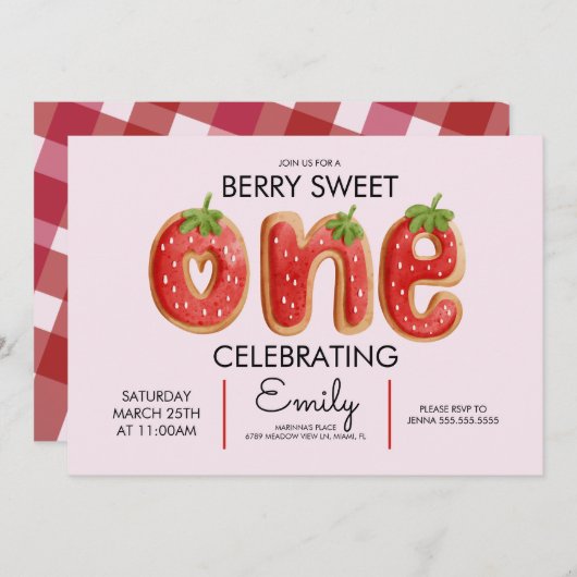 Invitation Berry Cookies One Plaid Rose Red Anniversaire Part (Devant / Derrière)