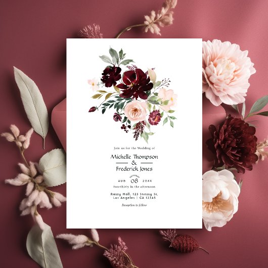 Invitation Berry de Bourgogne et Mariage floral Blush