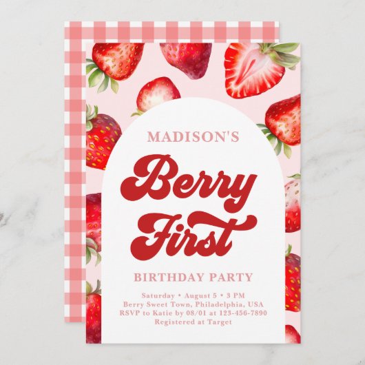 Invitation Berry de fraise Boho moderne Premier anniversaire (Devant / Derrière)