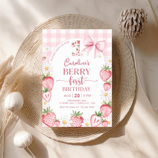 Invitation Berry de fraise Coquette Bow Premier 1er anniversa