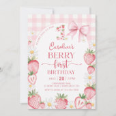 Invitation Berry de fraise Coquette Bow Premier 1er anniversa (Devant)