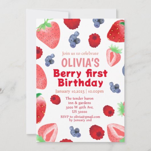 Invitation Berry douce fraise boho 1er anniversaire (Devant)
