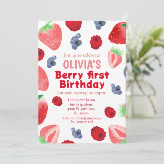 Invitation Berry douce fraise boho 1er anniversaire (Debout devant)