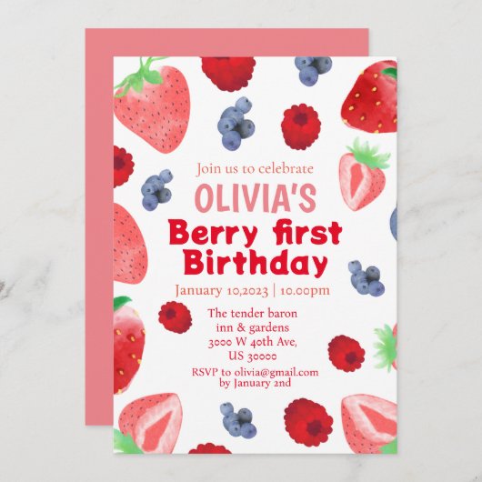 Invitation Berry douce fraise boho 1er anniversaire (Devant / Derrière)