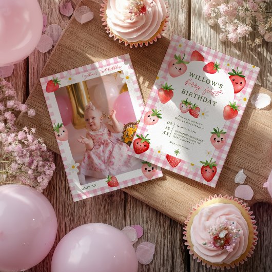 Invitation Berry En vichy fraise rose Premier anniversaire