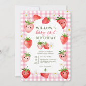 Invitation Berry En vichy fraise rose Premier anniversaire (Devant)