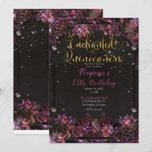 Invitation Berry Enchanted Roses Flore foncé Quinceañera (Devant / Derrière)