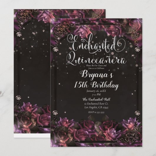 Invitation Berry Enchanted Roses Flore foncé Quinceañera (Devant / Derrière)