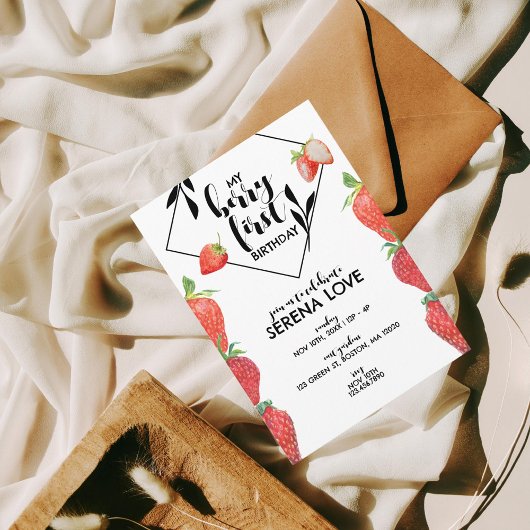 Invitation Berry First | 1er anniversaire | fraise | Blanc